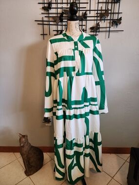 Luxe Moda White Maxi Dress with Green Abstract Print
